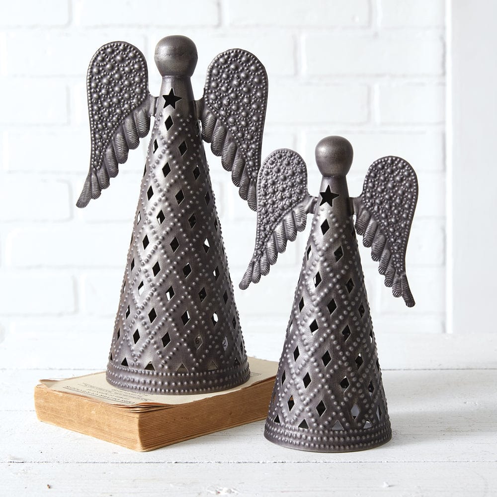 Pressed Tin Tabletop Angels Figurine Set of 2 Assorted Sizes