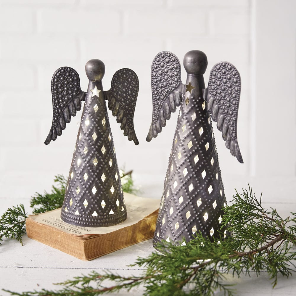 Pressed Tin Tabletop Angels Figurine Set of 2 Assorted Sizes