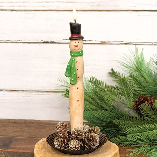 CWI Gifts LED Taper Candles Primitive Green Scarf Snowman LED Battery Candle Light Taper