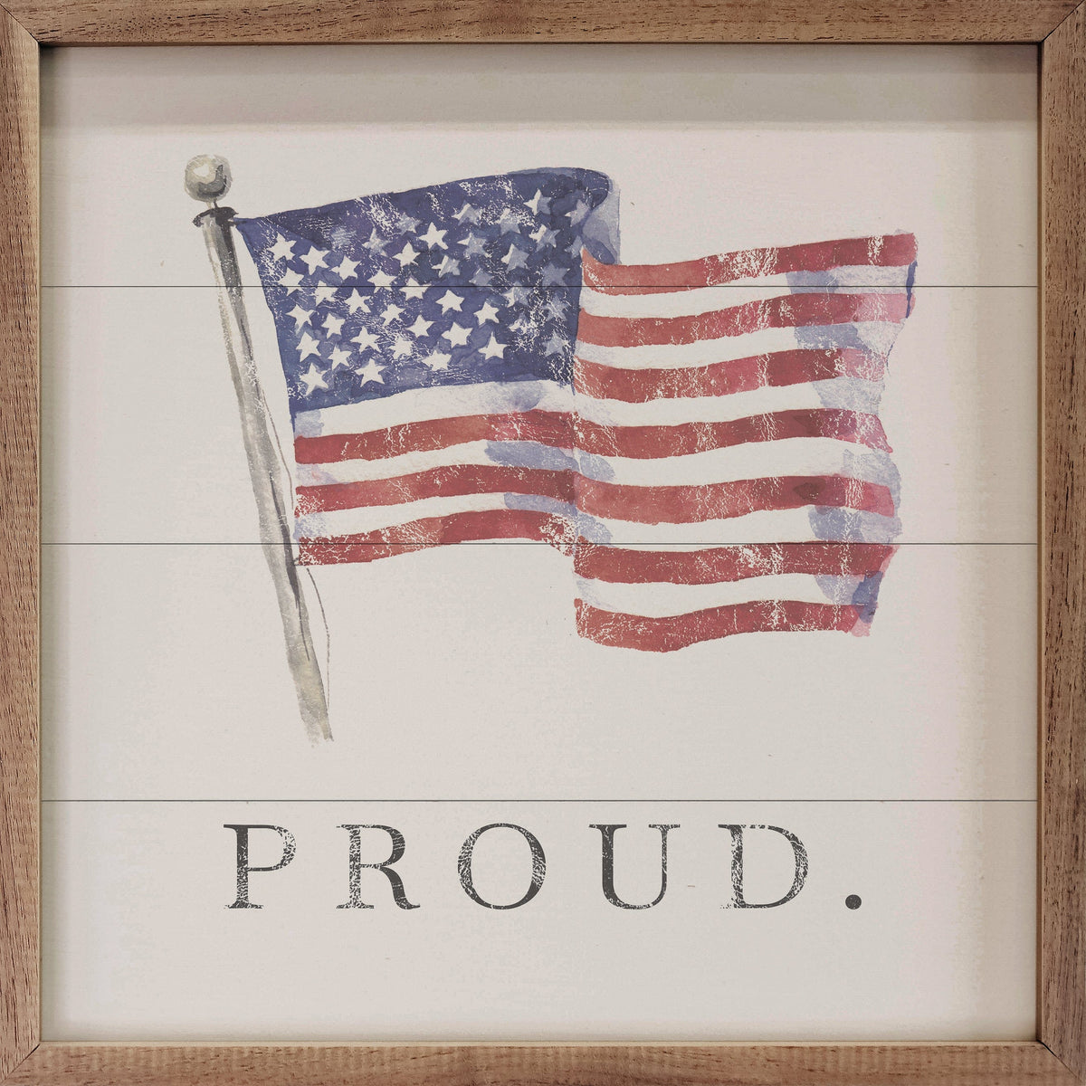 Kendrick Home Walnut Frames Sizes Proud American Flag White Printed and Framed Wall Sign