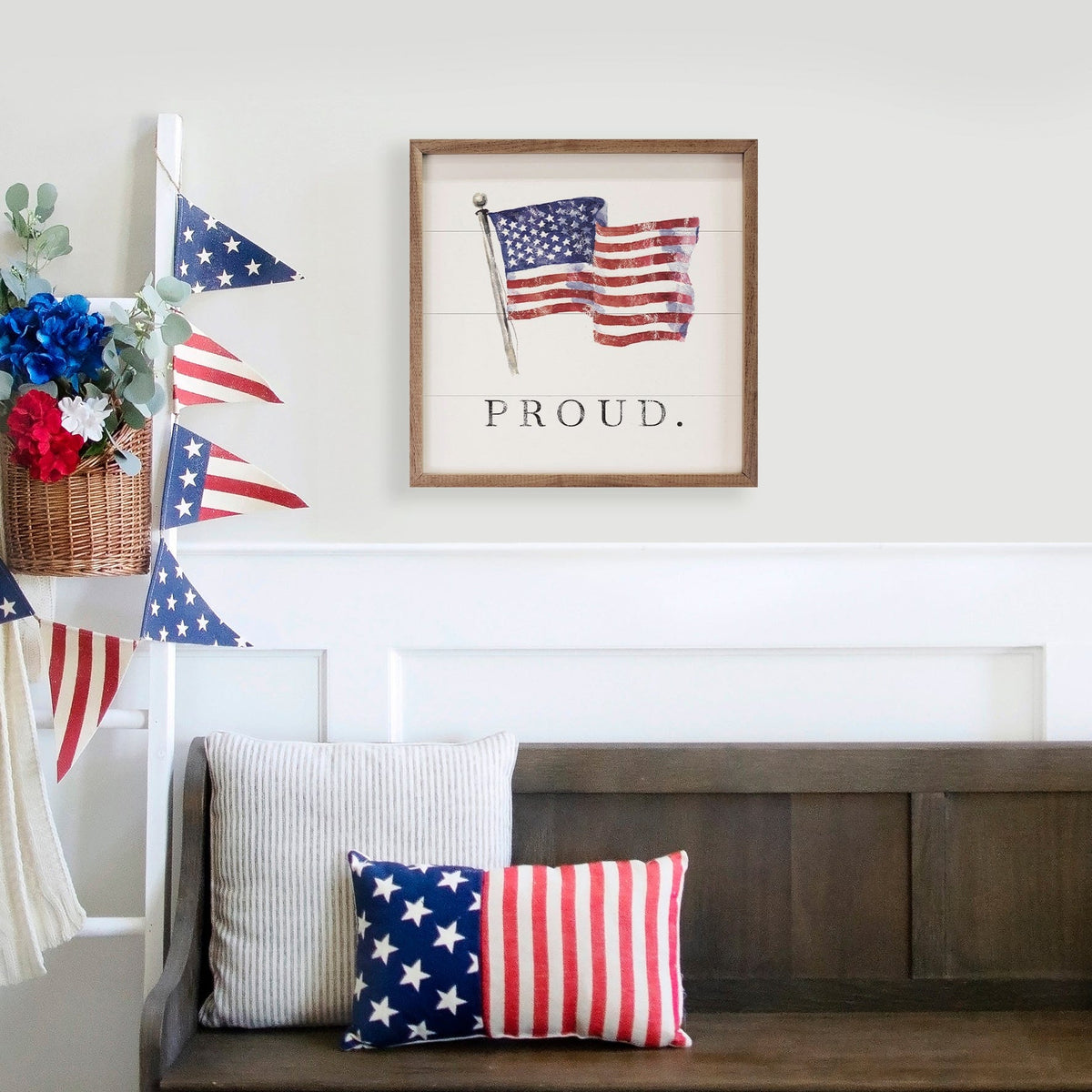 Kendrick Home Walnut Frames Proud American Flag White Printed and Framed Wall Sign