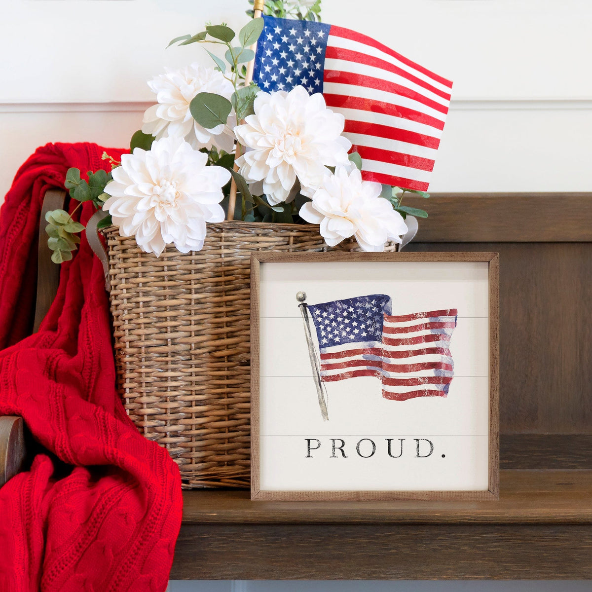 Kendrick Home Walnut Frames Proud American Flag White Printed and Framed Wall Sign