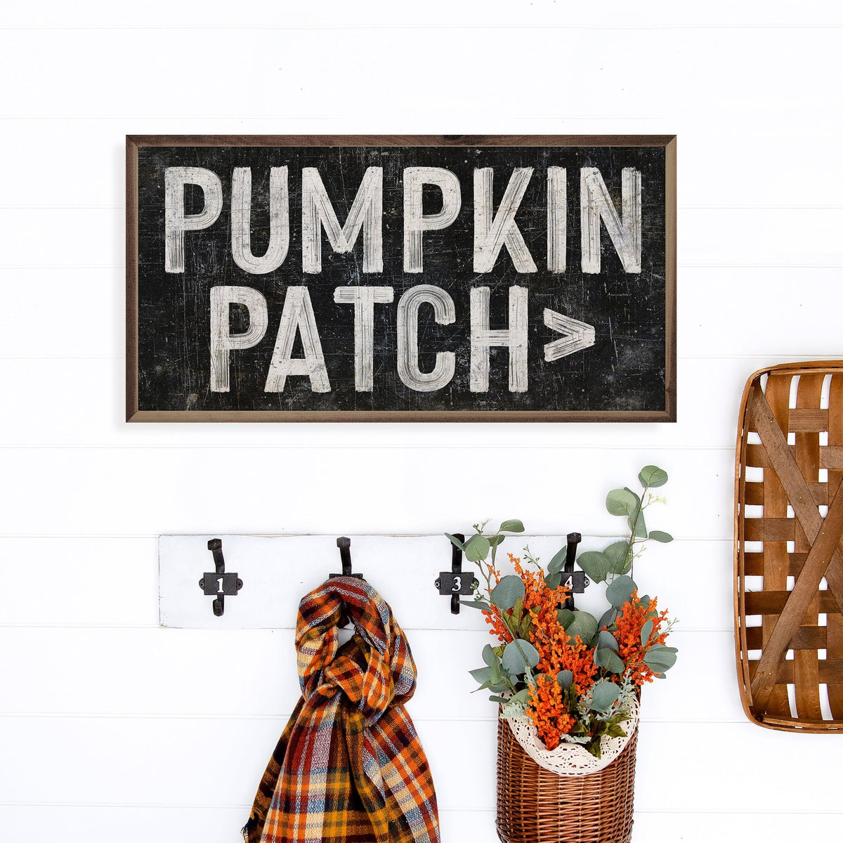 Kendrick Home Walnut Frames Pumpkin Patch Arrow Black Printed and Framed Wall Sign