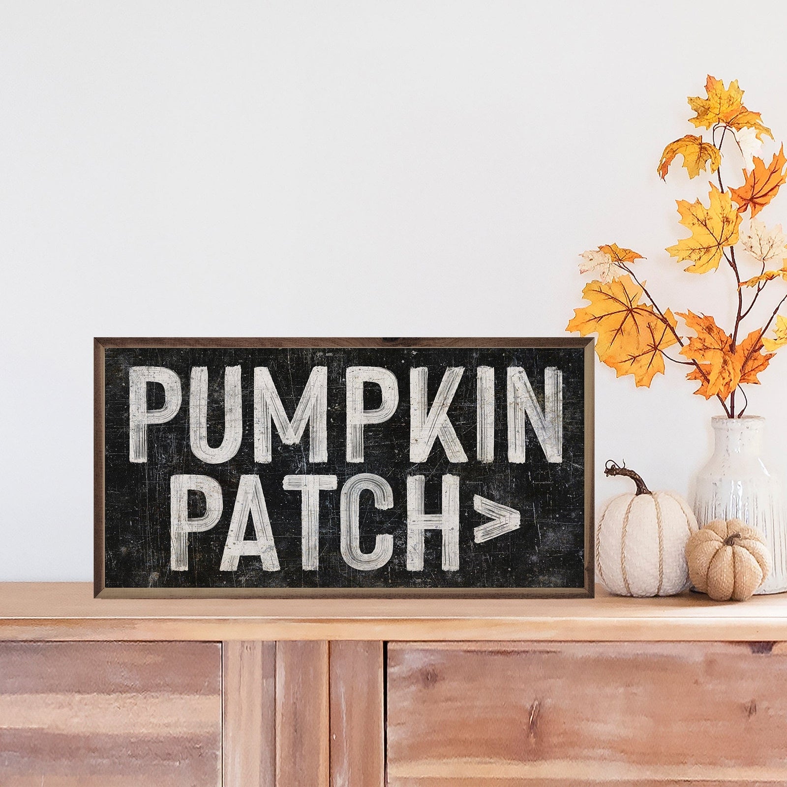 Kendrick Home Walnut Frames 16x8 Pumpkin Patch Arrow Black Printed and Framed Wall Sign