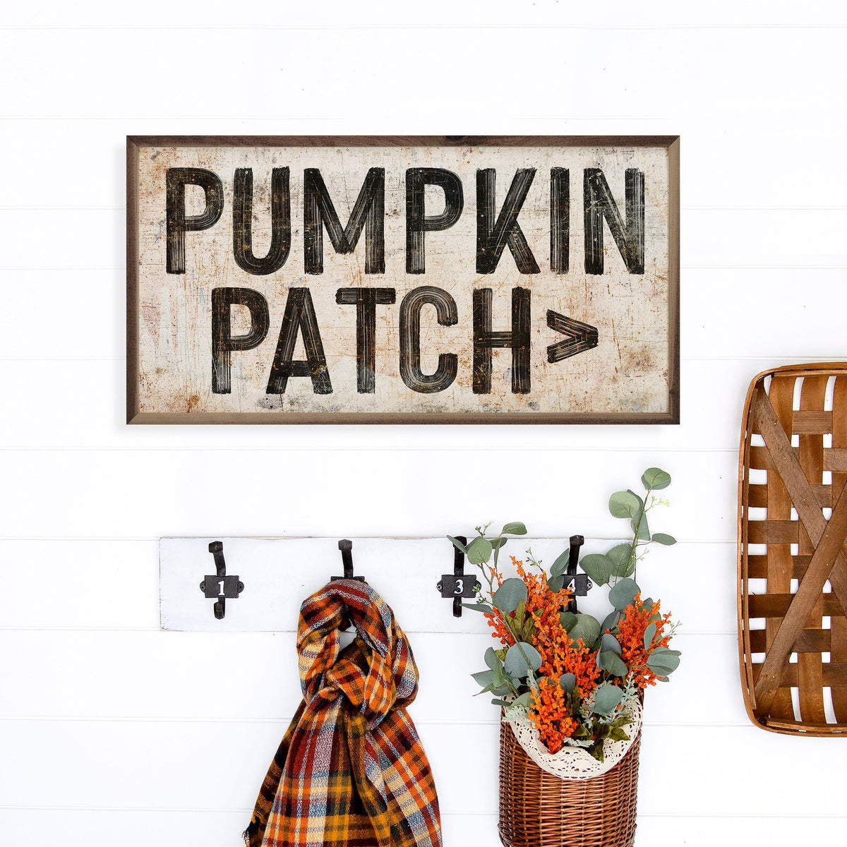 Kendrick Home Walnut Frames Pumpkin Patch Arrow White Printed and Framed Wall Sign