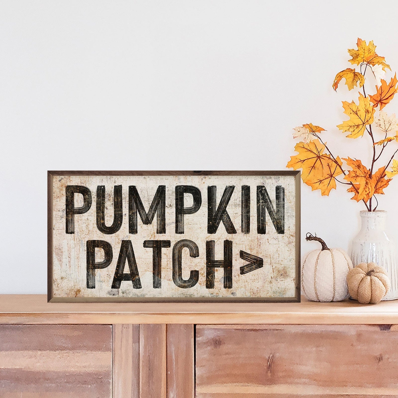 Kendrick Home Walnut Frames 16x8 Pumpkin Patch Arrow White Printed and Framed Wall Sign