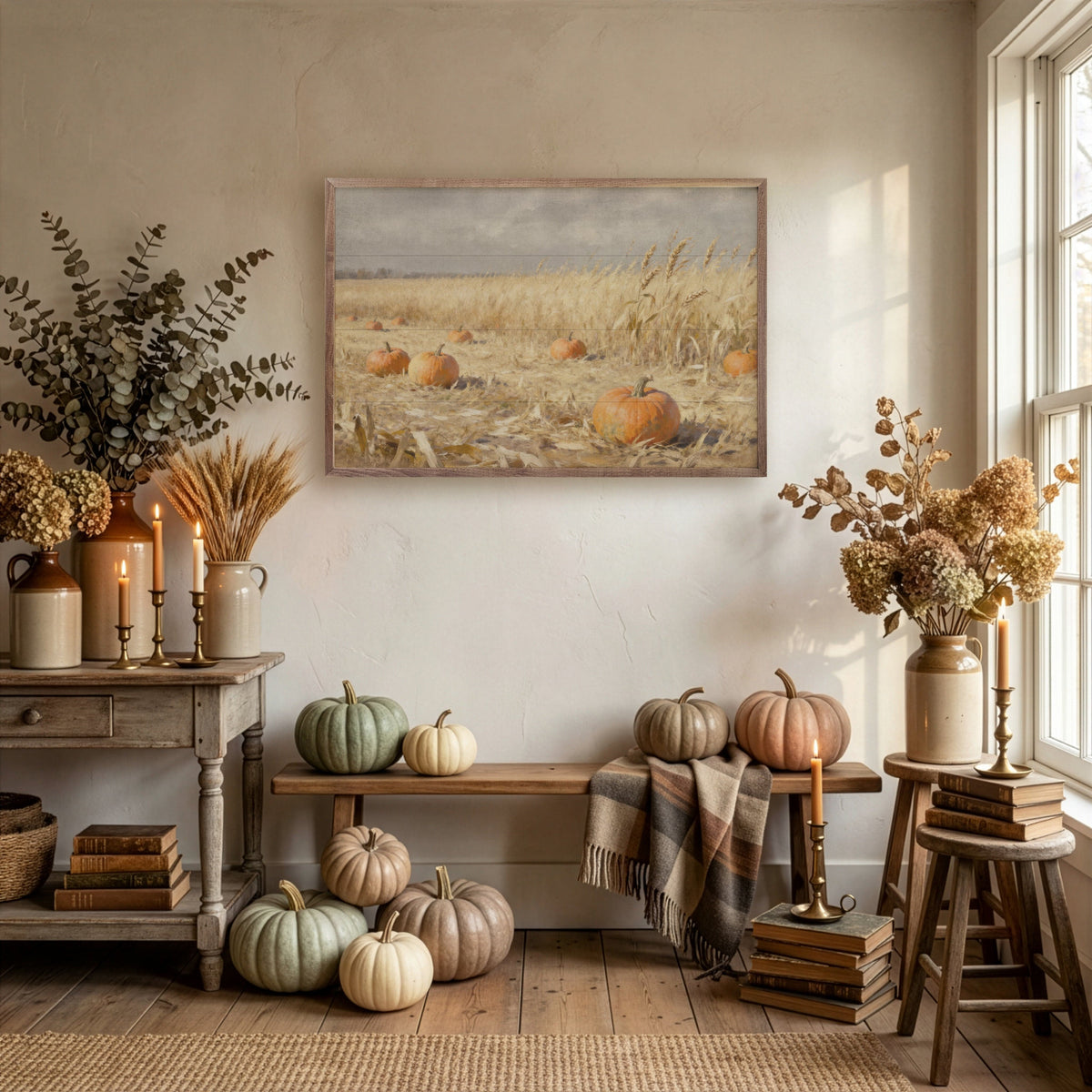 Kendrick Home Walnut Frames Pumpkin Patch In Field Printed and Framed Wall Sign