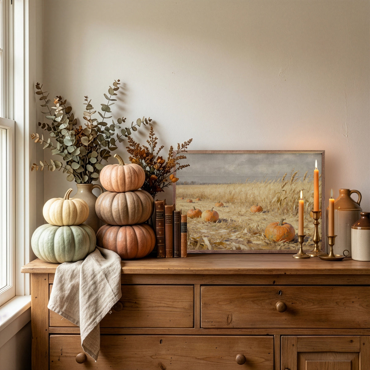 Kendrick Home Walnut Frames Pumpkin Patch In Field Printed and Framed Wall Sign