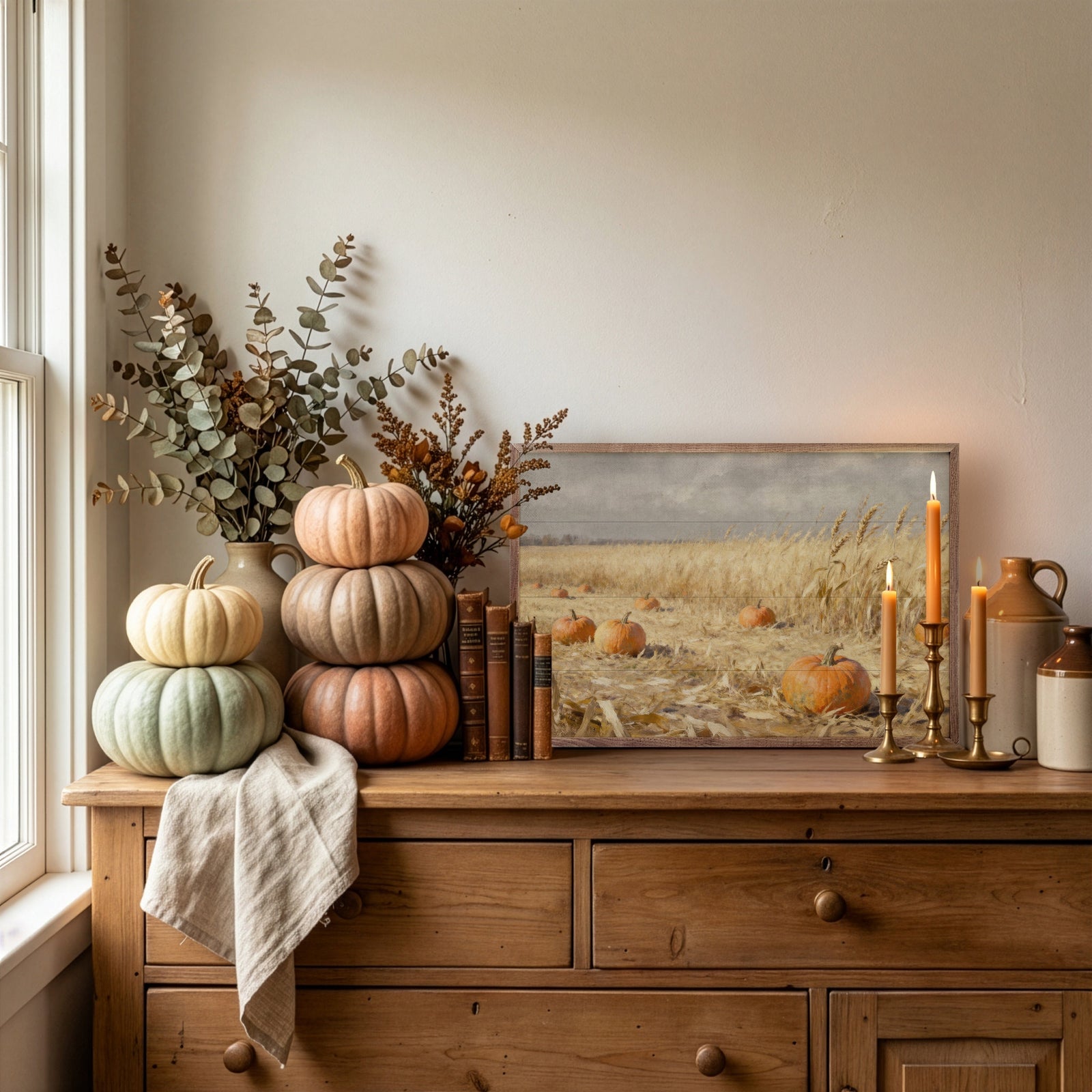Kendrick Home Walnut Frames 8x5 Pumpkin Patch In Field Printed and Framed Wall Sign