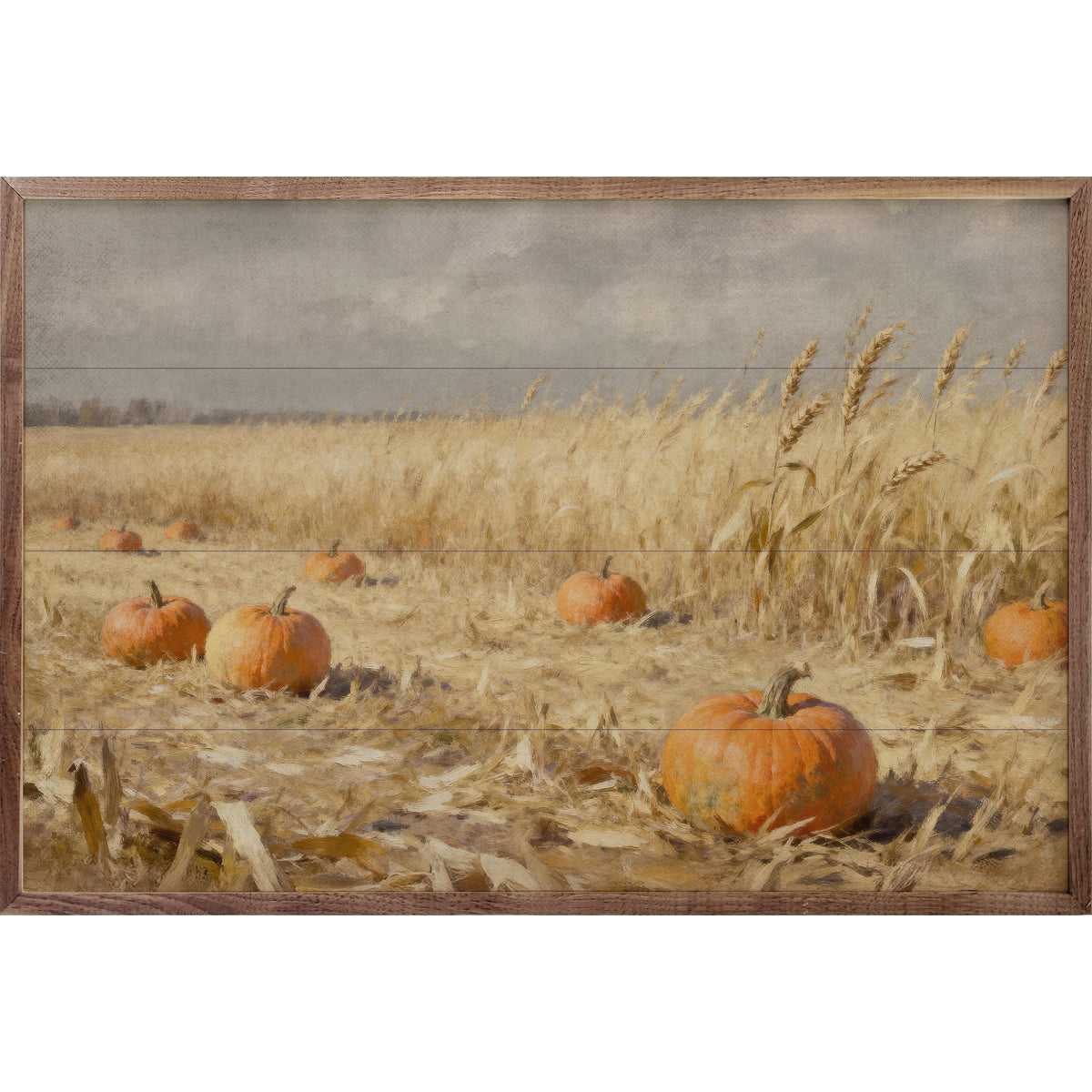 Kendrick Home Walnut Frames 8x5 Pumpkin Patch In Field Printed and Framed Wall Sign
