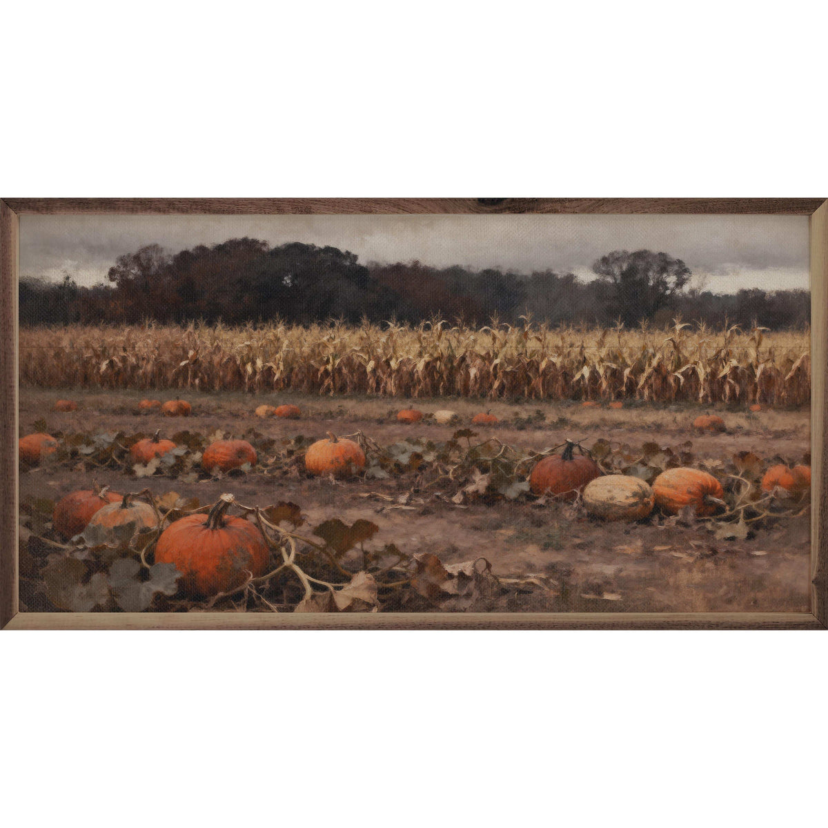 Kendrick Home Walnut Frames 16x8 Pumpkin Patch With Corn Field Printed and Framed Wall Sign