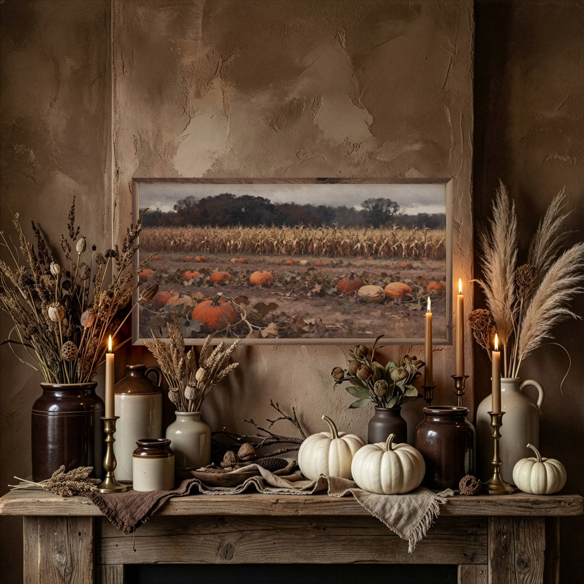 Kendrick Home Walnut Frames Pumpkin Patch With Corn Field Printed and Framed Wall Sign