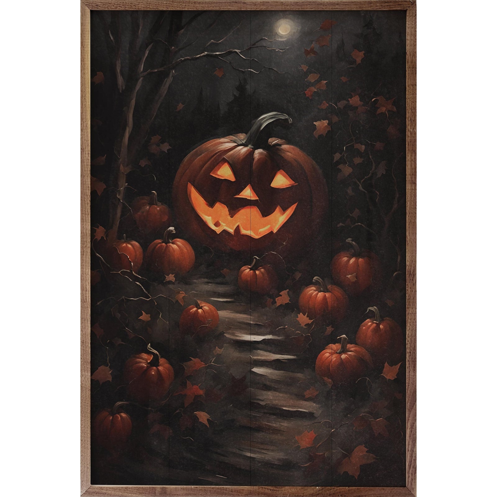 Kendrick Home Walnut Frames 5x8 Pumpkin Path With Moon Printed and Framed Wall Sign