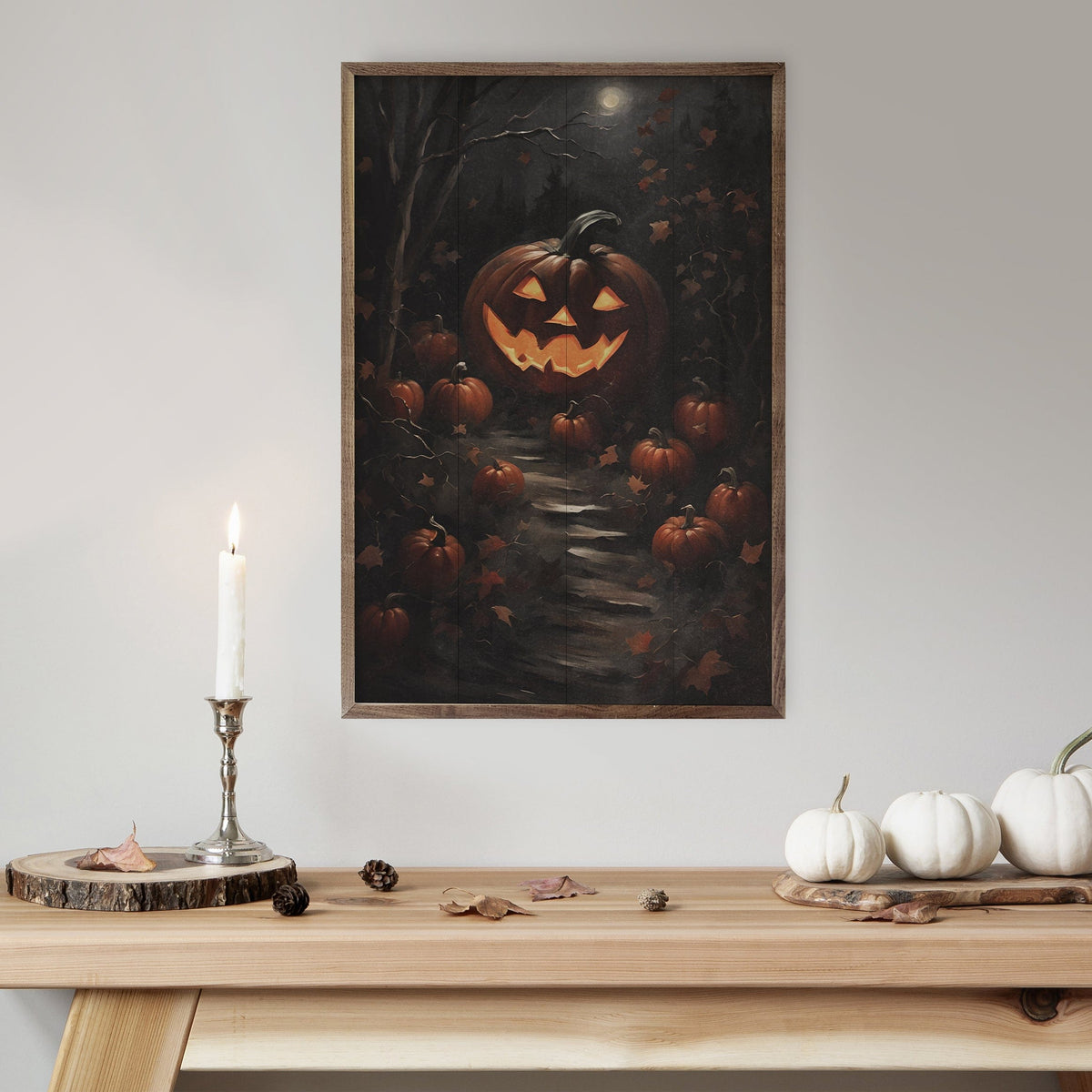 Kendrick Home Walnut Frames Pumpkin Path With Moon Printed and Framed Wall Sign