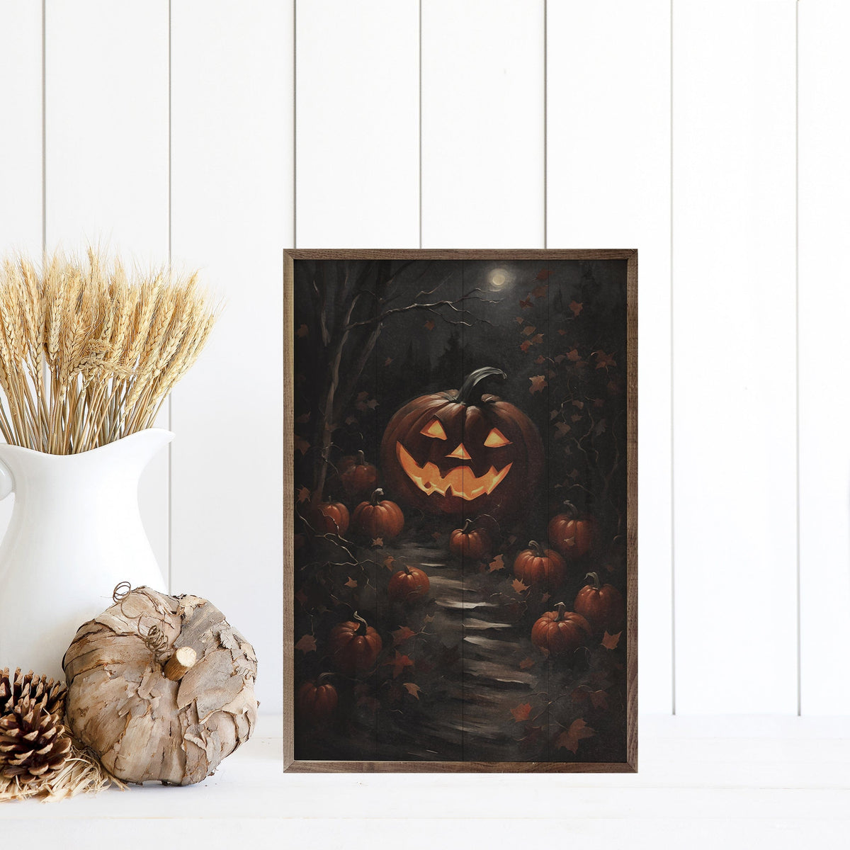 Kendrick Home Walnut Frames Pumpkin Path With Moon Printed and Framed Wall Sign