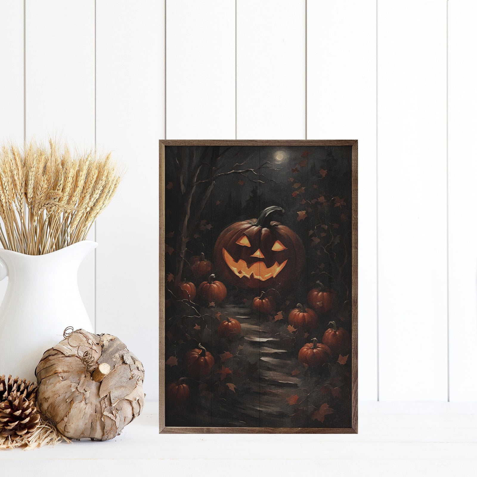 Kendrick Home Walnut Frames 5x8 Pumpkin Path With Moon Printed and Framed Wall Sign