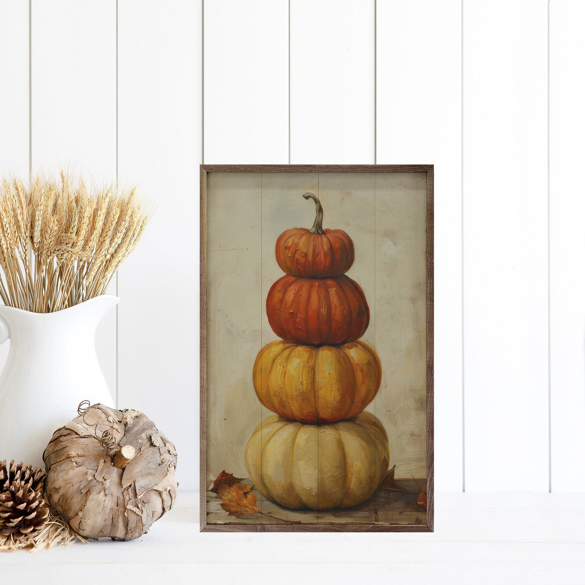 Kendrick Home Walnut Frames Pumpkin Stack By Petals Prints Design Printed and Framed Wall Sign