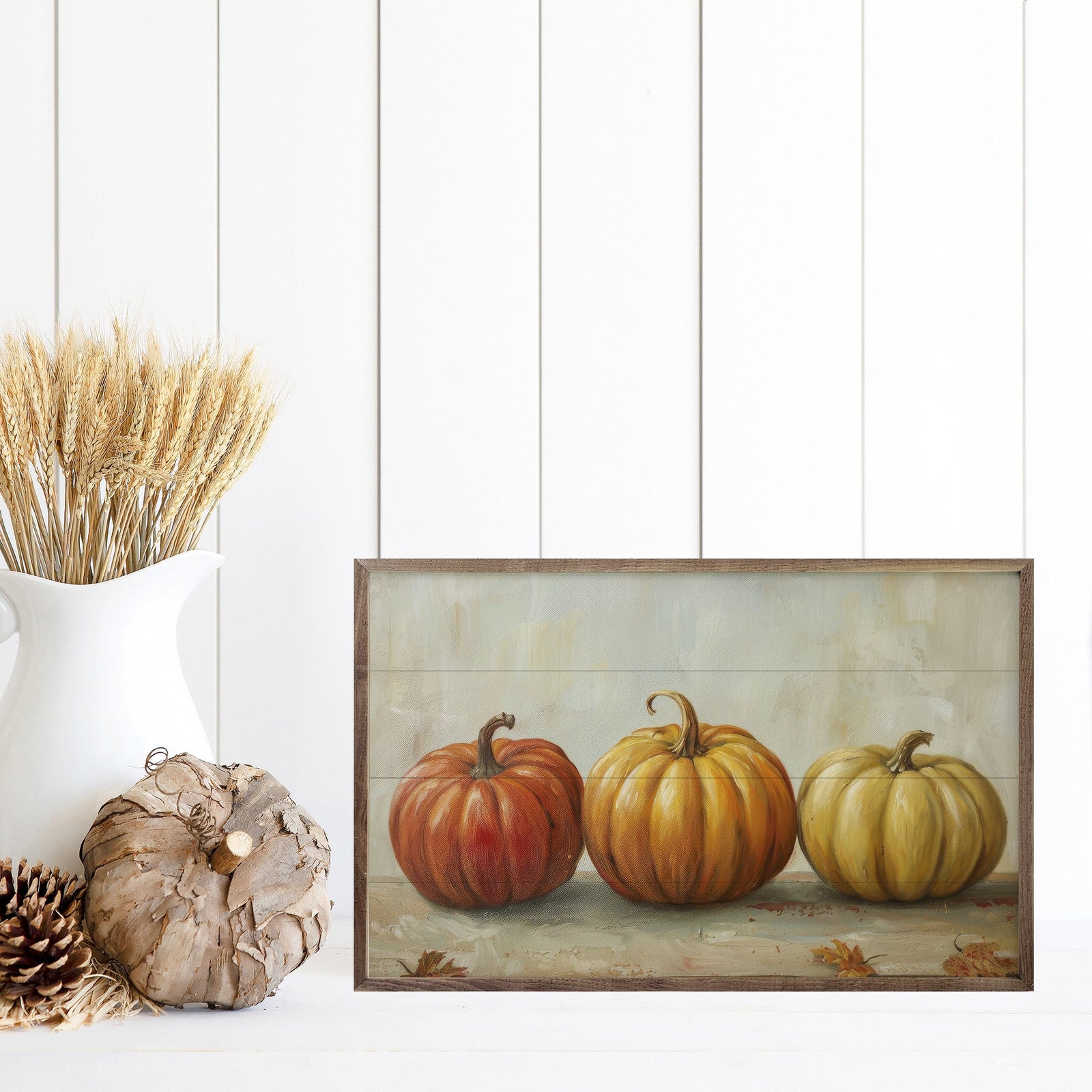 Kendrick Home Walnut Frames Pumpkin Trio By Petals Prints Design Printed and Framed Wall Sign