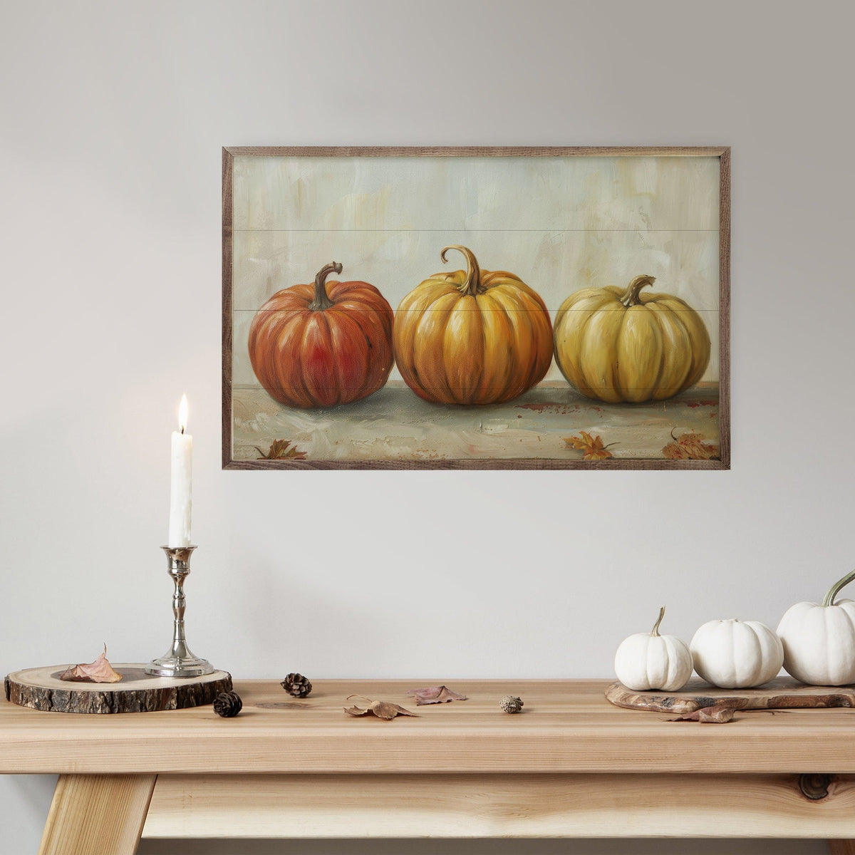 Kendrick Home Walnut Frames Pumpkin Trio By Petals Prints Design Printed and Framed Wall Sign