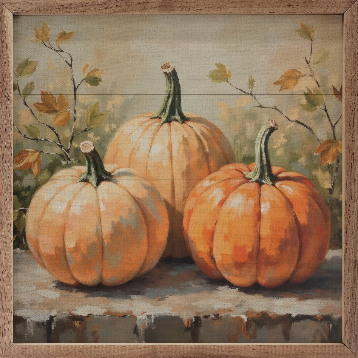 Kendrick Home Walnut Frames 4x4 Pumpkin Trio On Bench Printed and Framed Wall Sign