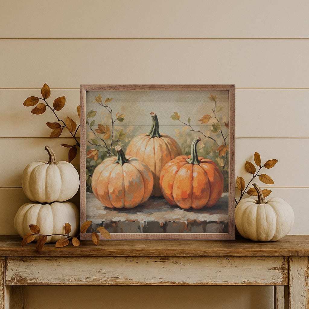 Kendrick Home Walnut Frames 4x4 Pumpkin Trio On Bench Printed and Framed Wall Sign