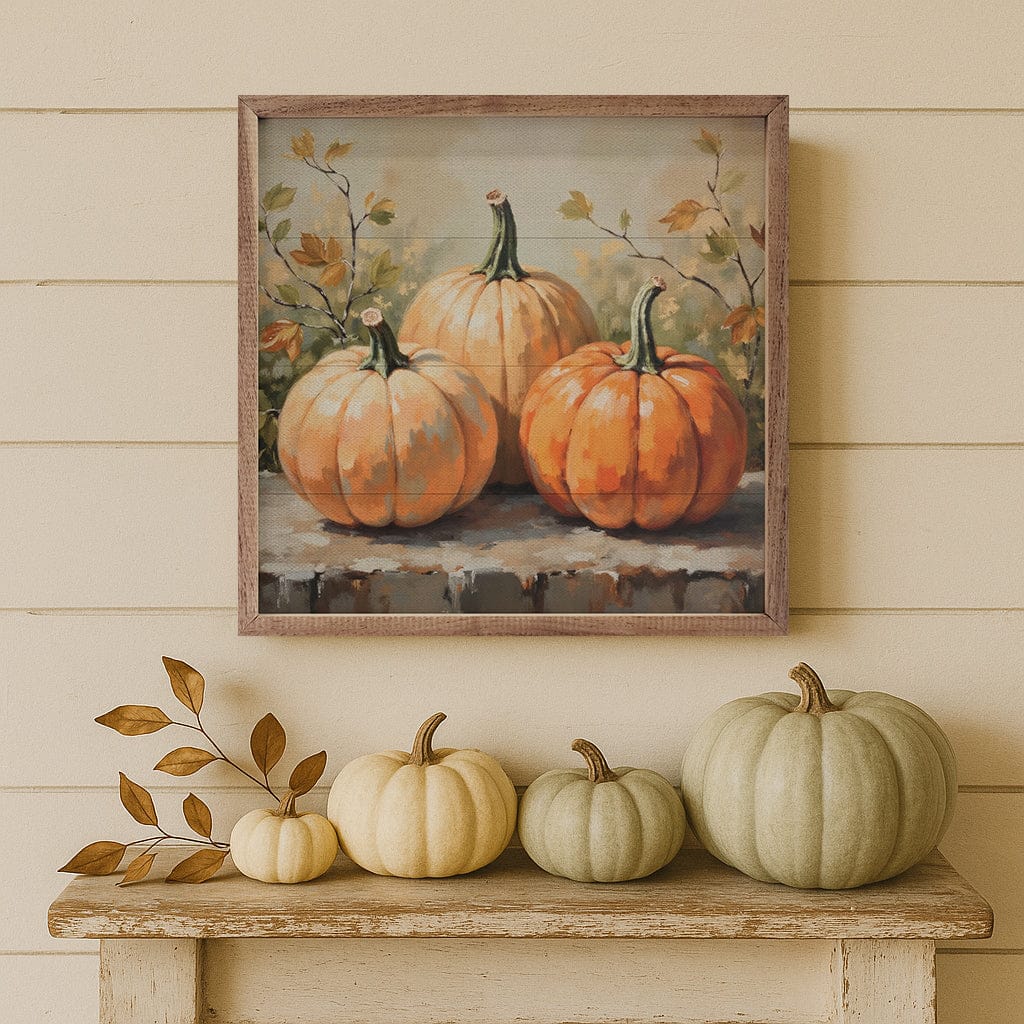 Kendrick Home Walnut Frames Pumpkin Trio On Bench Printed and Framed Wall Sign
