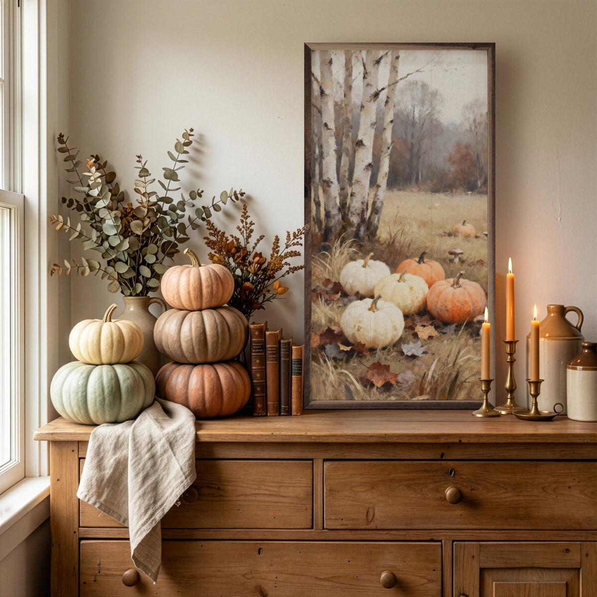 Kendrick Home Walnut Frames Pumpkins And Birch Trees Printed and Framed Wall Sign
