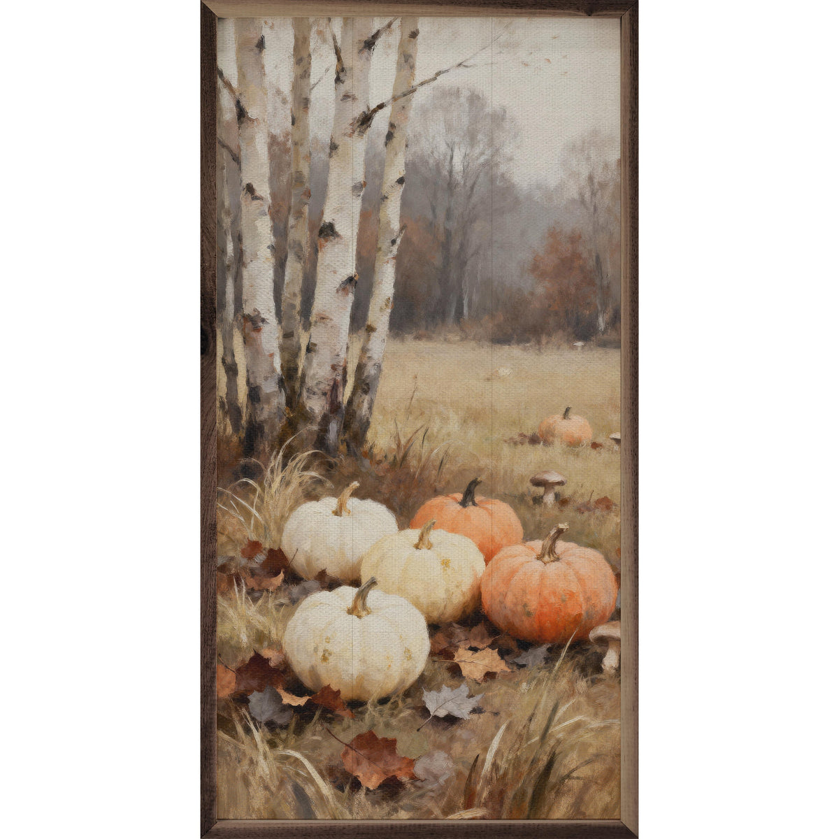 Kendrick Home Walnut Frames 8x16 Pumpkins And Birch Trees Printed and Framed Wall Sign