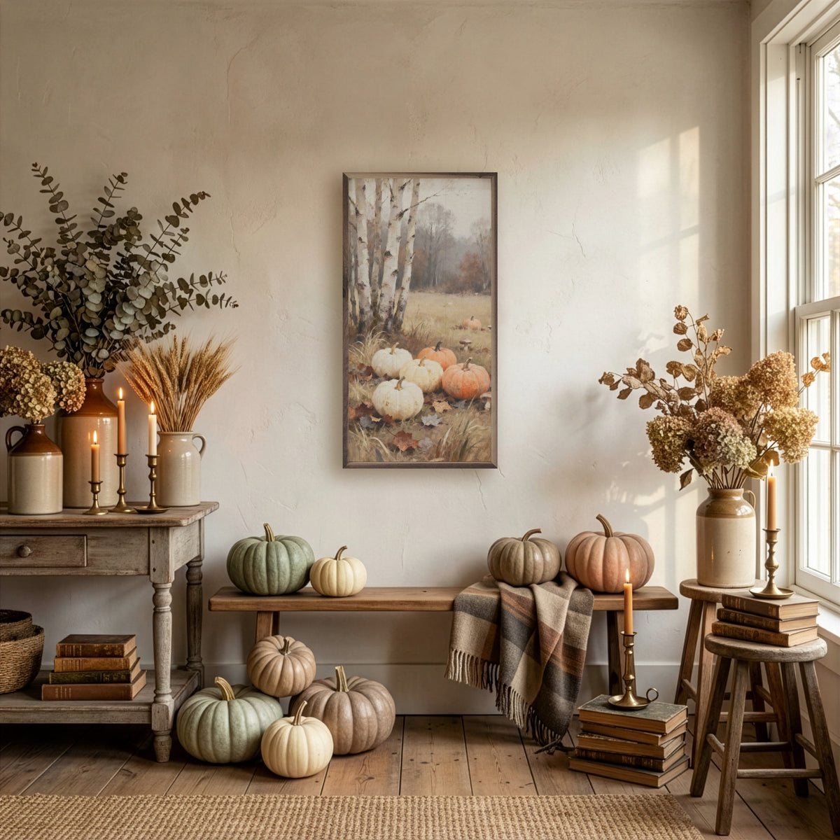 Kendrick Home Walnut Frames Pumpkins And Birch Trees Printed and Framed Wall Sign