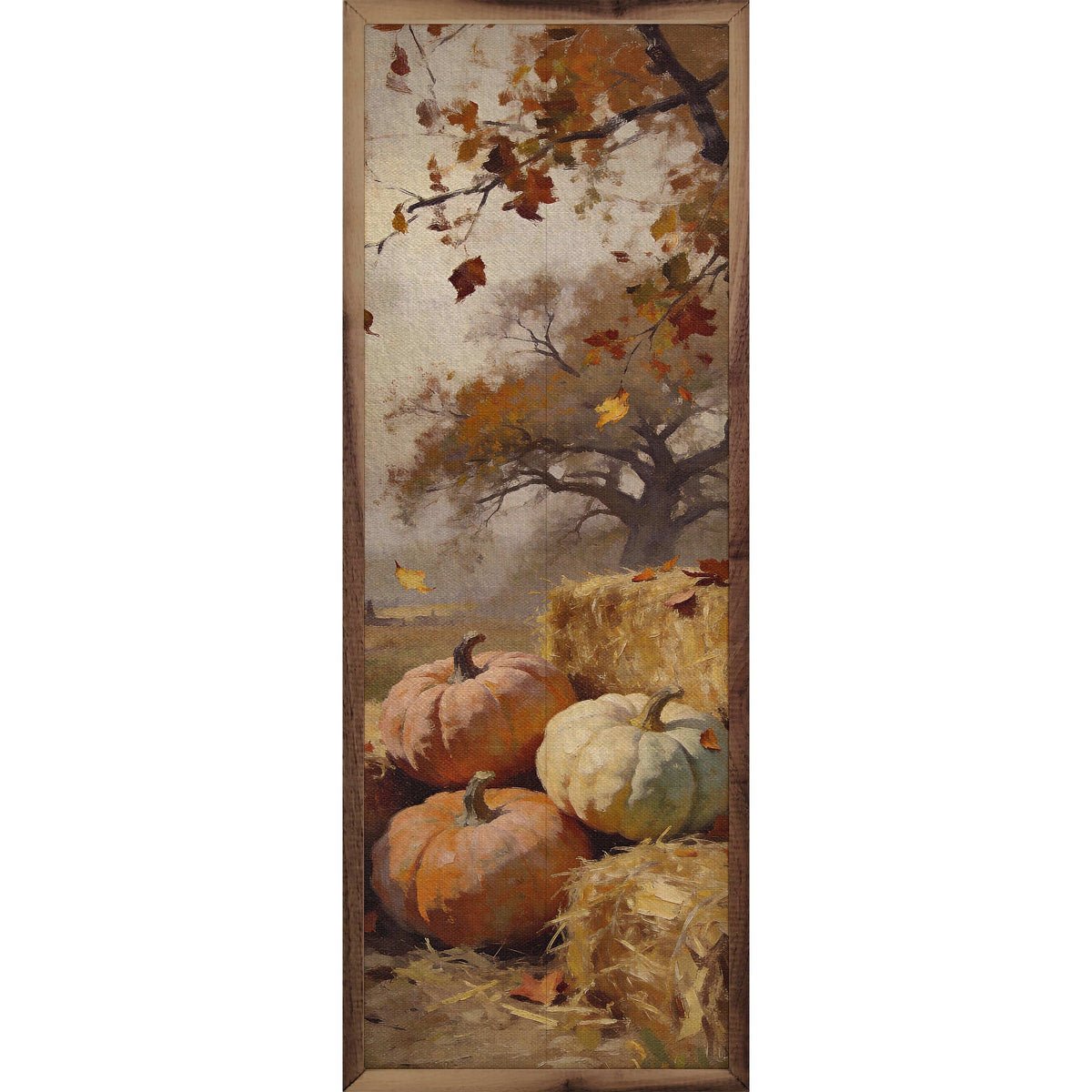 Kendrick Home Walnut Frames 4x12 Pumpkins And Hay Harvest Scene Printed and Framed Wall Sign