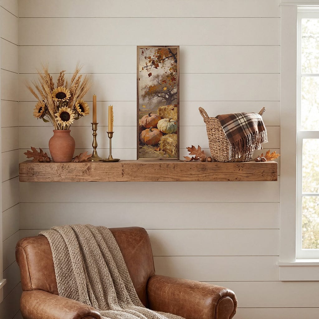 Kendrick Home Walnut Frames 4x12 Pumpkins And Hay Harvest Scene Printed and Framed Wall Sign
