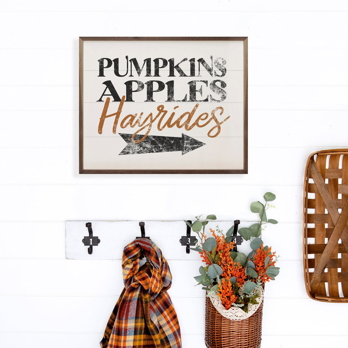 Kendrick Home Walnut Frames Pumpkins Apples Hayrides White Printed and Framed Wall Sign