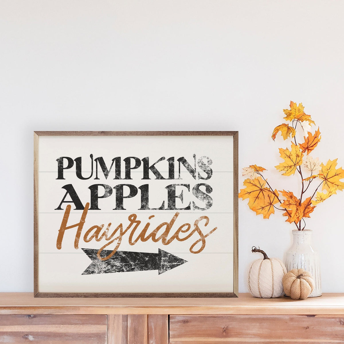 Kendrick Home Walnut Frames Pumpkins Apples Hayrides White Printed and Framed Wall Sign