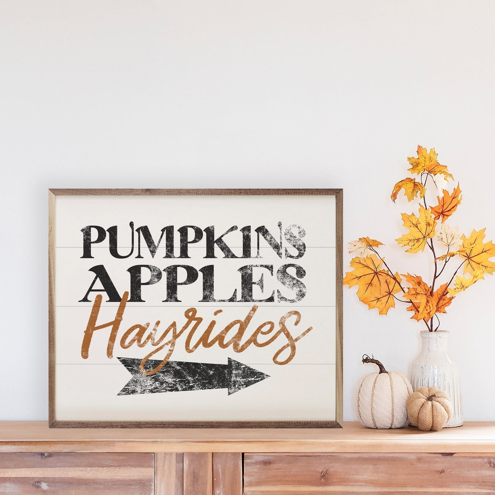 Kendrick Home Walnut Frames 10x8 Pumpkins Apples Hayrides White Printed and Framed Wall Sign