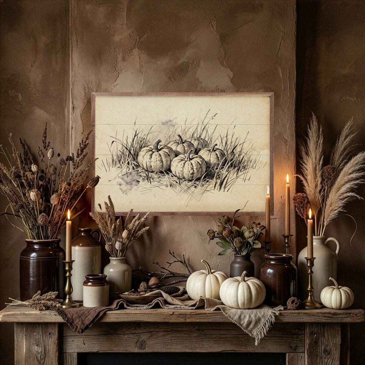 Kendrick Home Walnut Frames Pumpkins In Grass Simple Printed and Framed Wall Sign