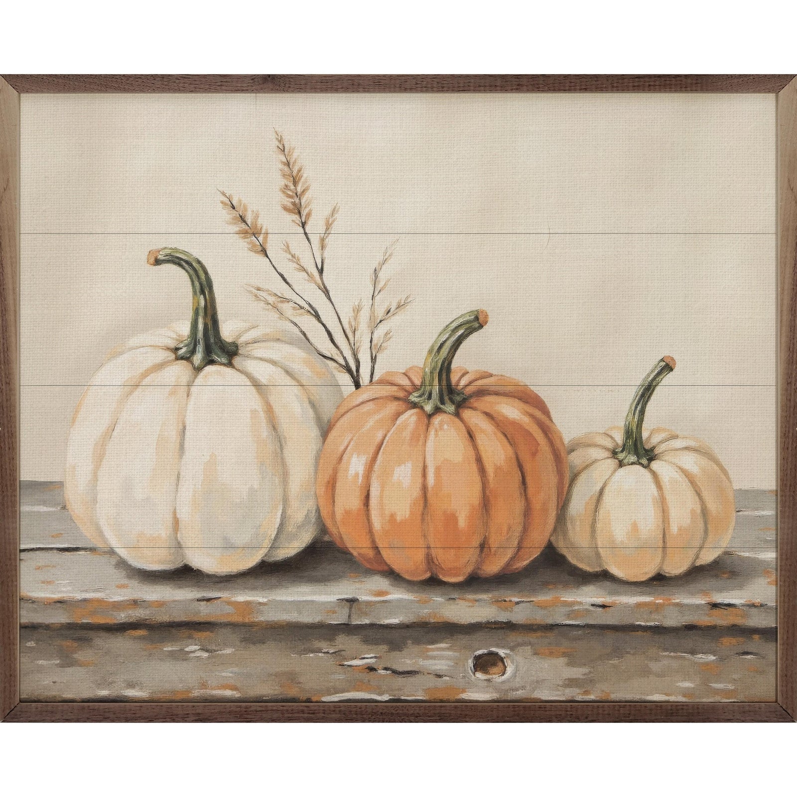 Kendrick Home Walnut Frames 10x8 Pumpkins On A Rustic Shelf Printed and Framed Wall Sign