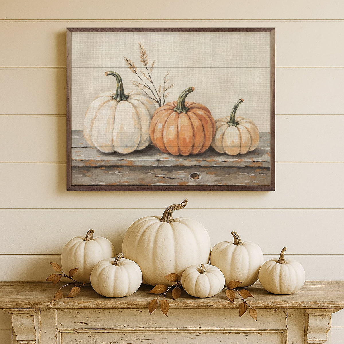 Kendrick Home Walnut Frames Pumpkins On A Rustic Shelf Printed and Framed Wall Sign