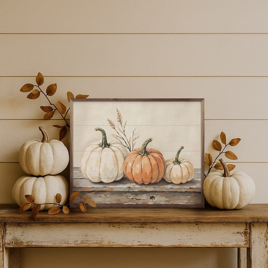 Kendrick Home Walnut Frames 10x8 Pumpkins On A Rustic Shelf Printed and Framed Wall Sign