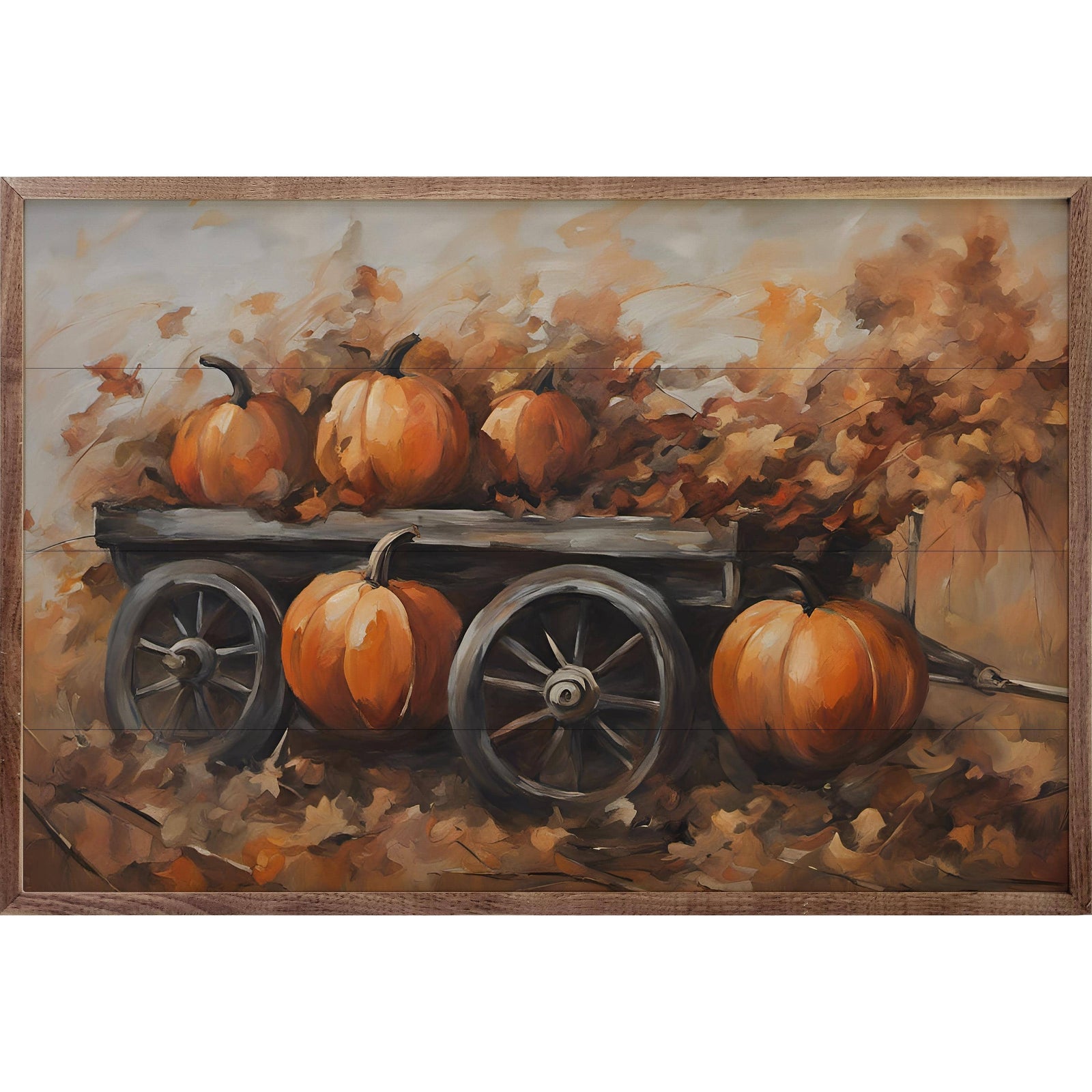 Kendrick Home Walnut Frames Pumpkins On Wagon Printed and Framed Wall Sign