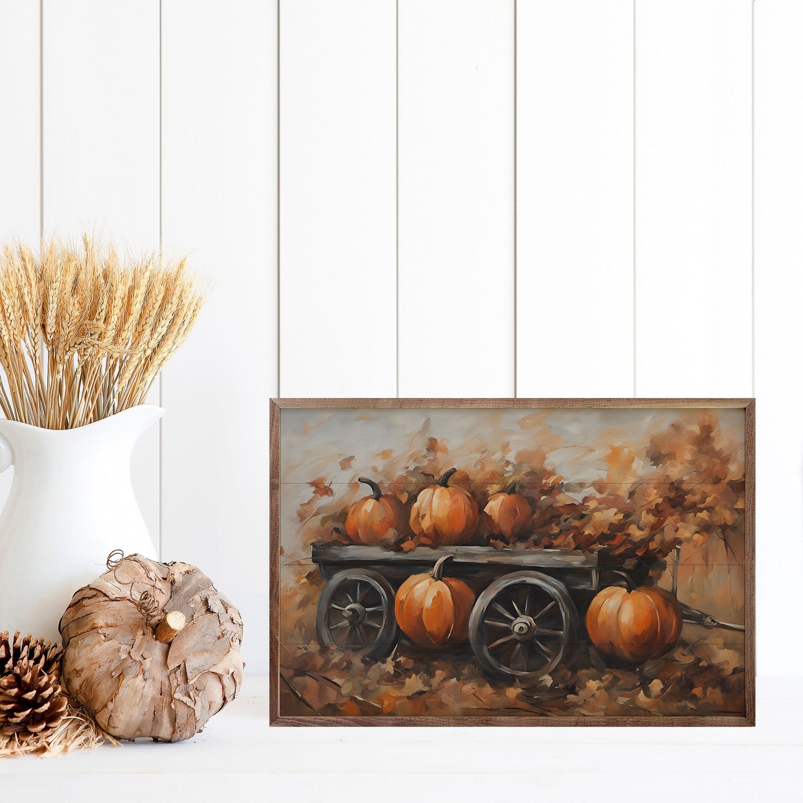 Kendrick Home Walnut Frames Pumpkins On Wagon Printed and Framed Wall Sign