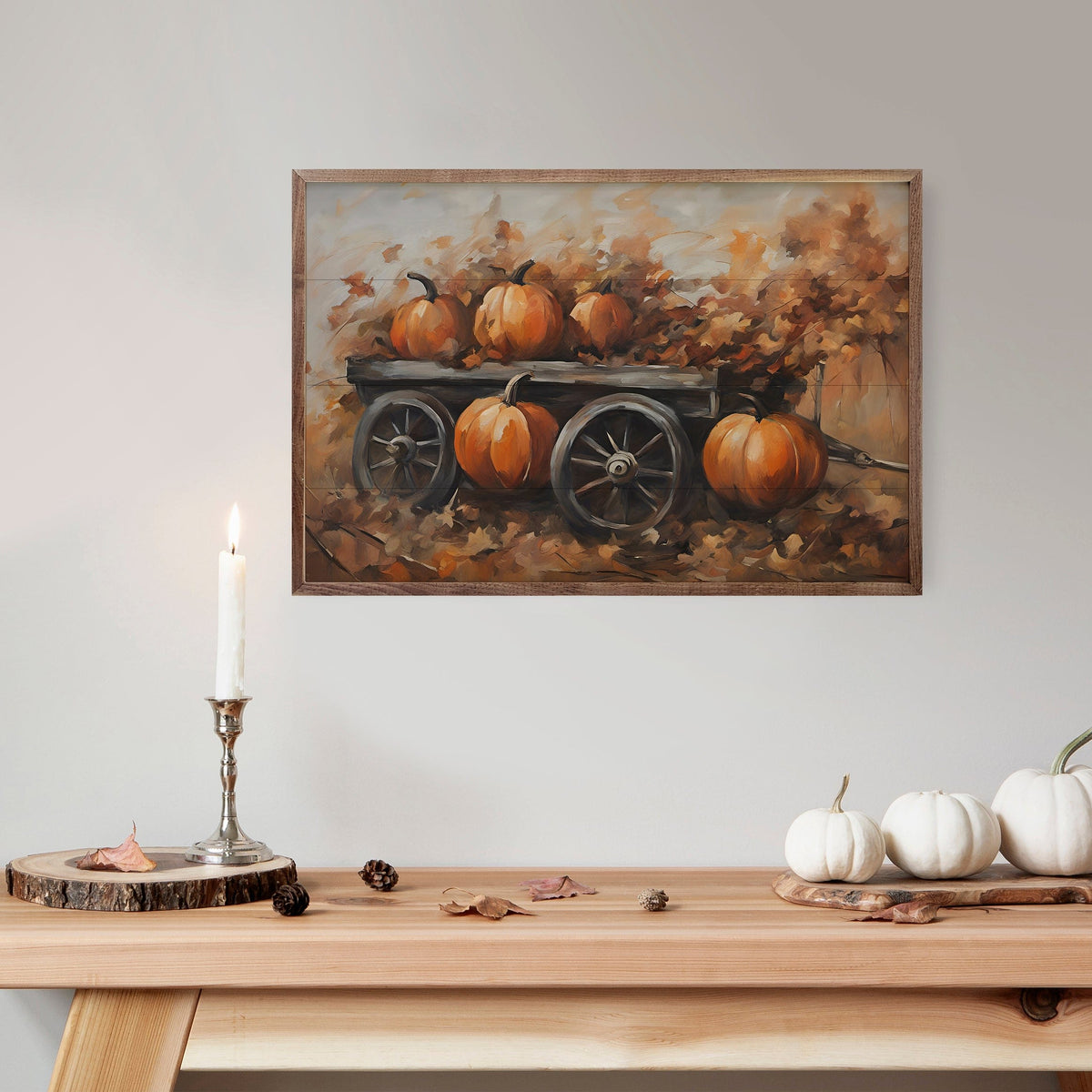 Kendrick Home Walnut Frames Pumpkins On Wagon Printed and Framed Wall Sign