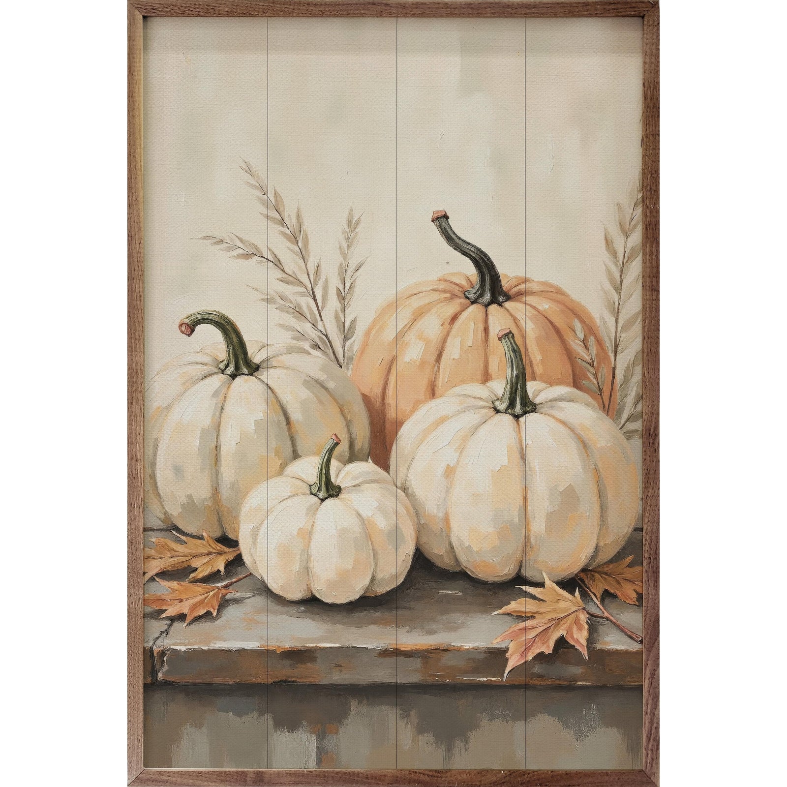 Kendrick Home Walnut Frames 5x8 Pumpkins On Weathered Wood Printed and Framed Wall Sign