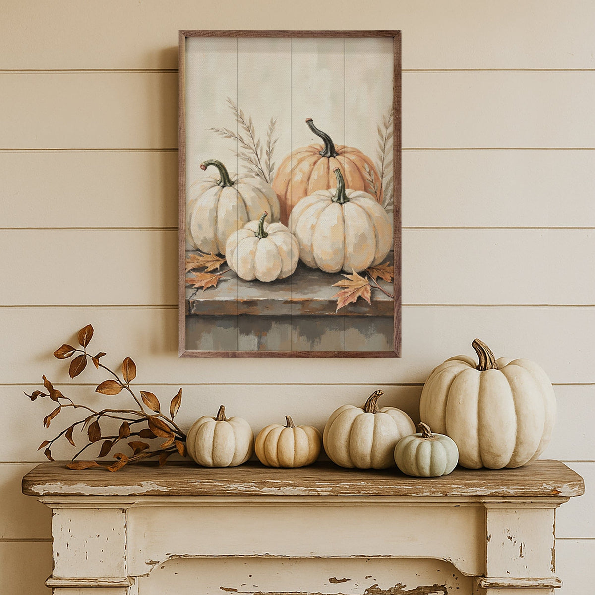 Kendrick Home Walnut Frames Pumpkins On Weathered Wood Printed and Framed Wall Sign