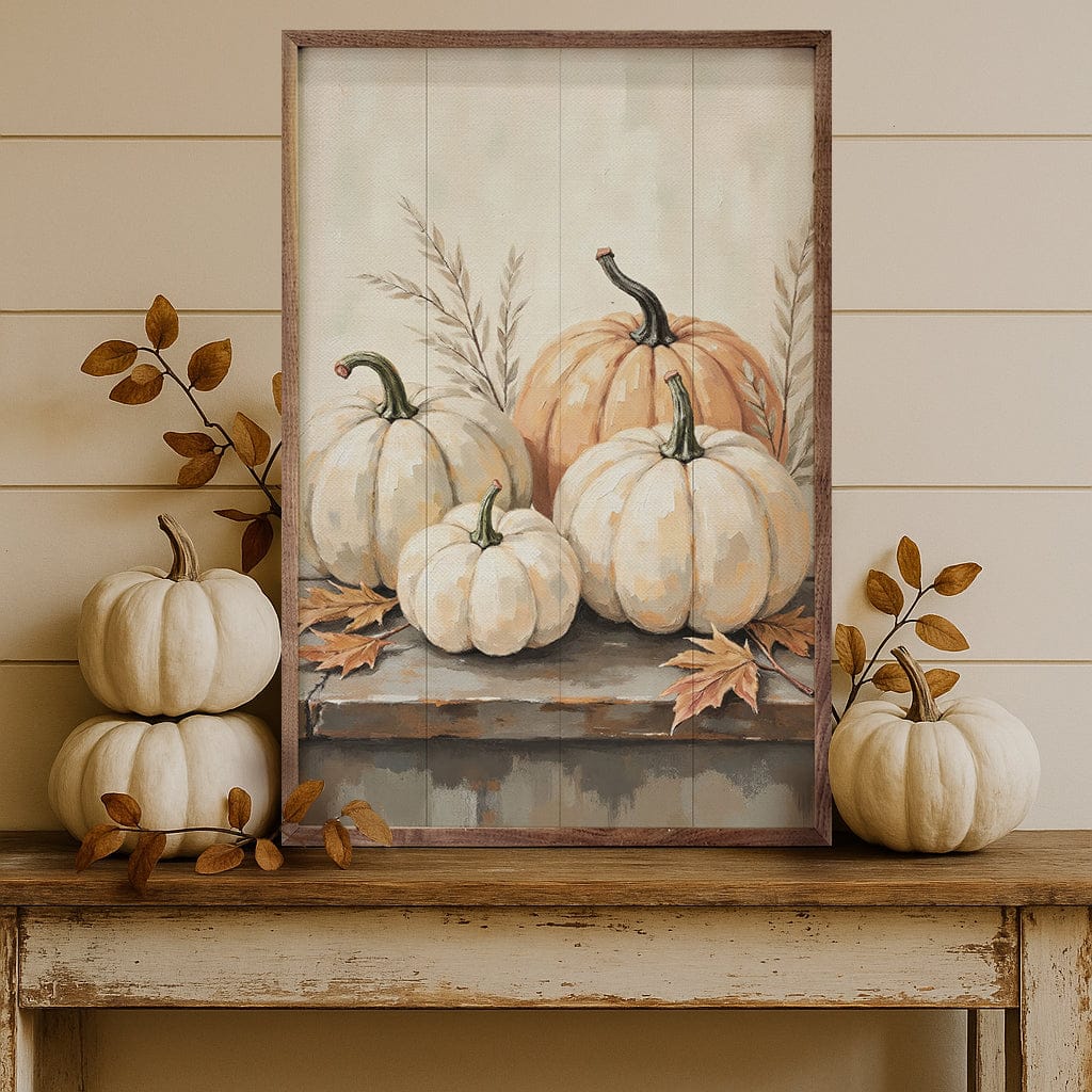Kendrick Home Walnut Frames 5x8 Pumpkins On Weathered Wood Printed and Framed Wall Sign