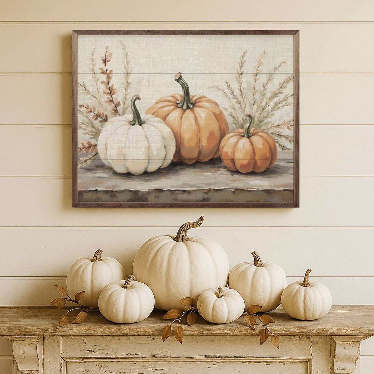Kendrick Home Walnut Frames Pumpkins With Autumn Branches Printed and Framed Wall Sign