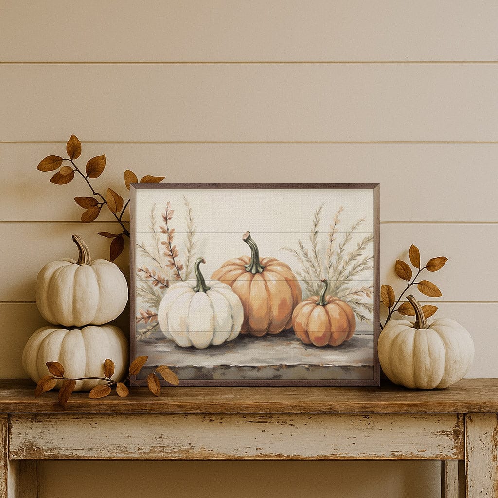 Kendrick Home Walnut Frames Pumpkins With Autumn Branches Printed and Framed Wall Sign
