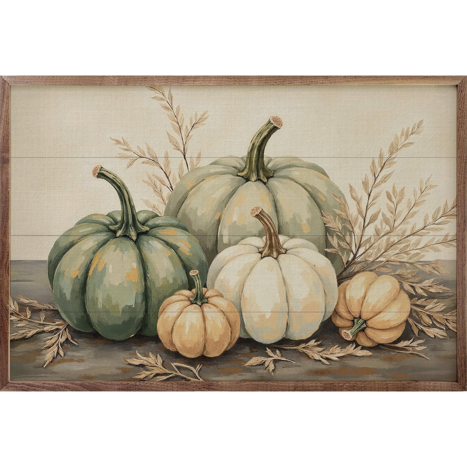 Kendrick Home Walnut Frames Pumpkins With Dried Leaves Printed and Framed Wall Sign