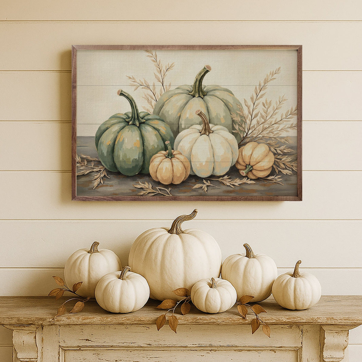 Kendrick Home Walnut Frames Pumpkins With Dried Leaves Printed and Framed Wall Sign