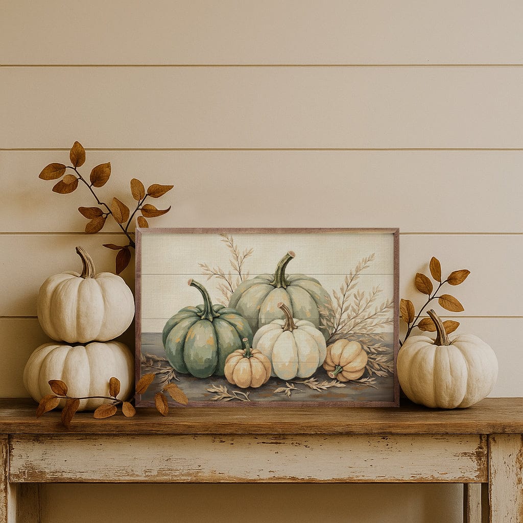 Kendrick Home Walnut Frames Pumpkins With Dried Leaves Printed and Framed Wall Sign