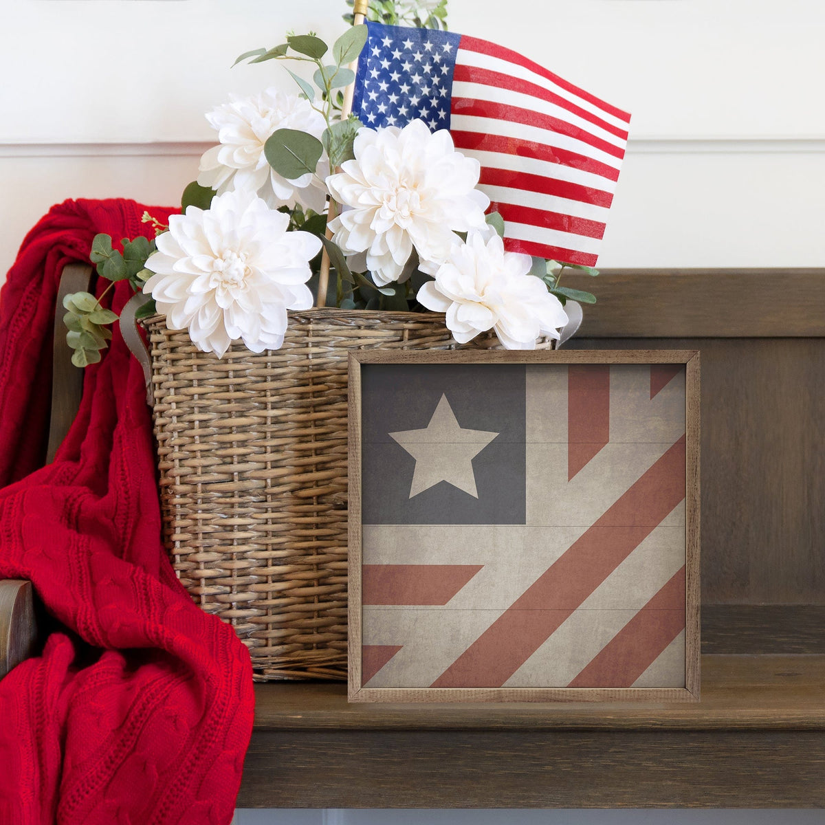 Kendrick Home Walnut Frames Quilt American Flag Printed and Framed Wall Sign
